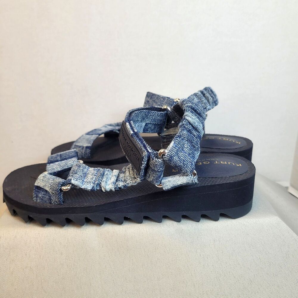 Kurt Geiger London Women's Orson Denim Patchwork Slingback Low Wedge Sandals 6.5